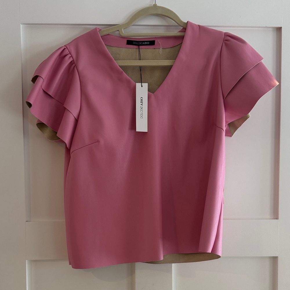 DolceCabo Vibrant Pink vegan leather Blouse with Ruffle Sleeves